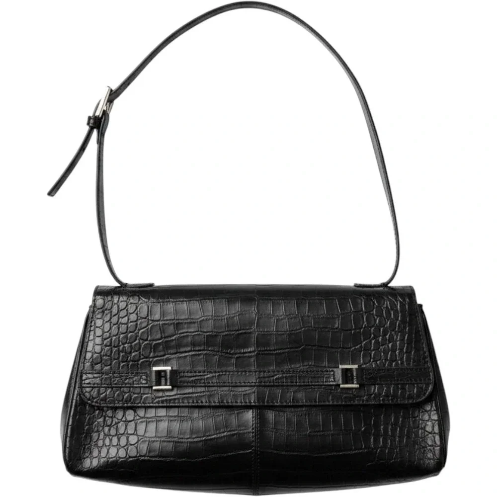 Etienne Aigner Black Croc Embossed Leather Baguette Shoulder Bag Silver Hardware